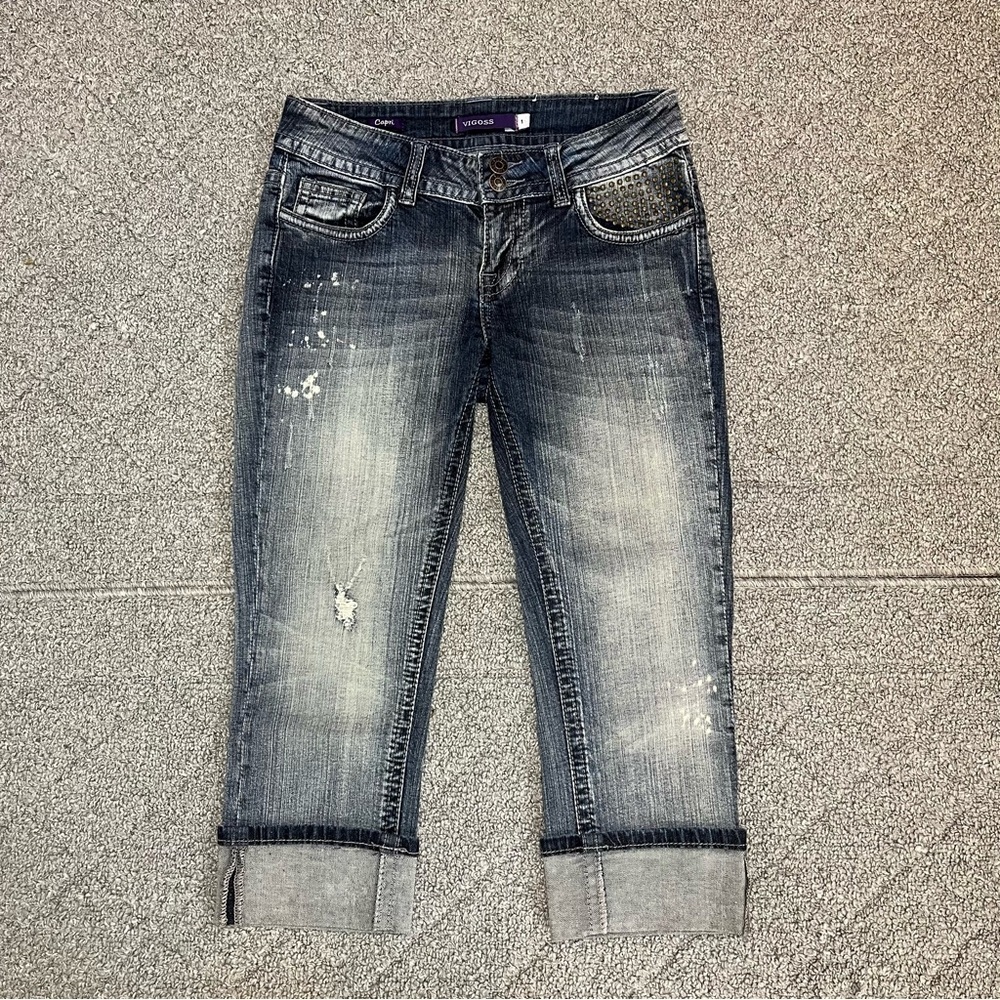 Vigoss Capri Studded Thick Stitch Distressed Jeans Womens Size 1 Blue
